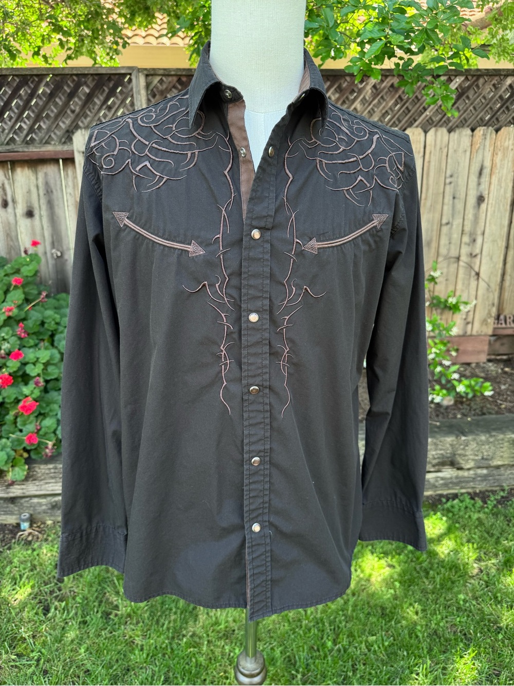 Ace of Diamond Embroidered Western Shirt Black Brown Pearl Snap Size L